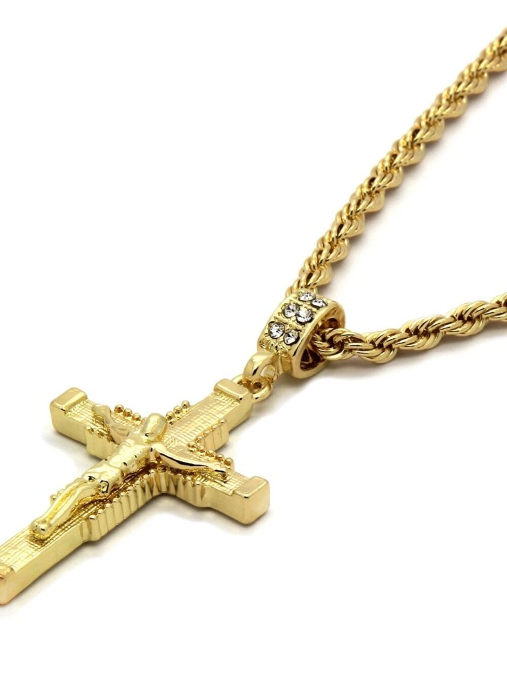 14K Plated Crucifix CZ Pendant & 24” Rope Chain